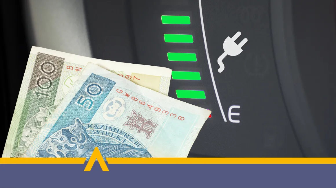 Polskie banknoty przy wskaźniku poziomu naładowania pojazdu elektrycznego
